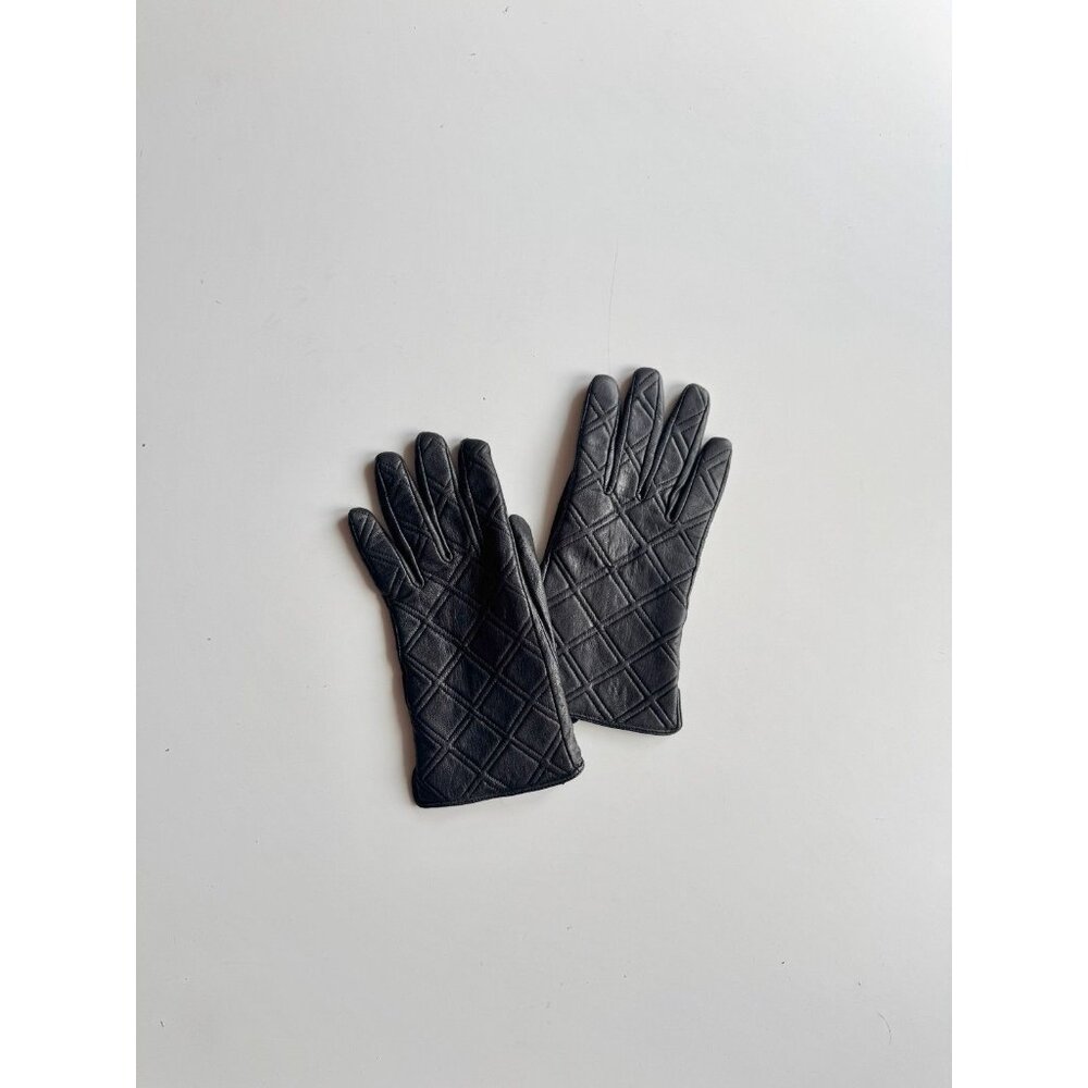 CR Black Quilted Leather Acrylic Knit Lined Gloves, Size L